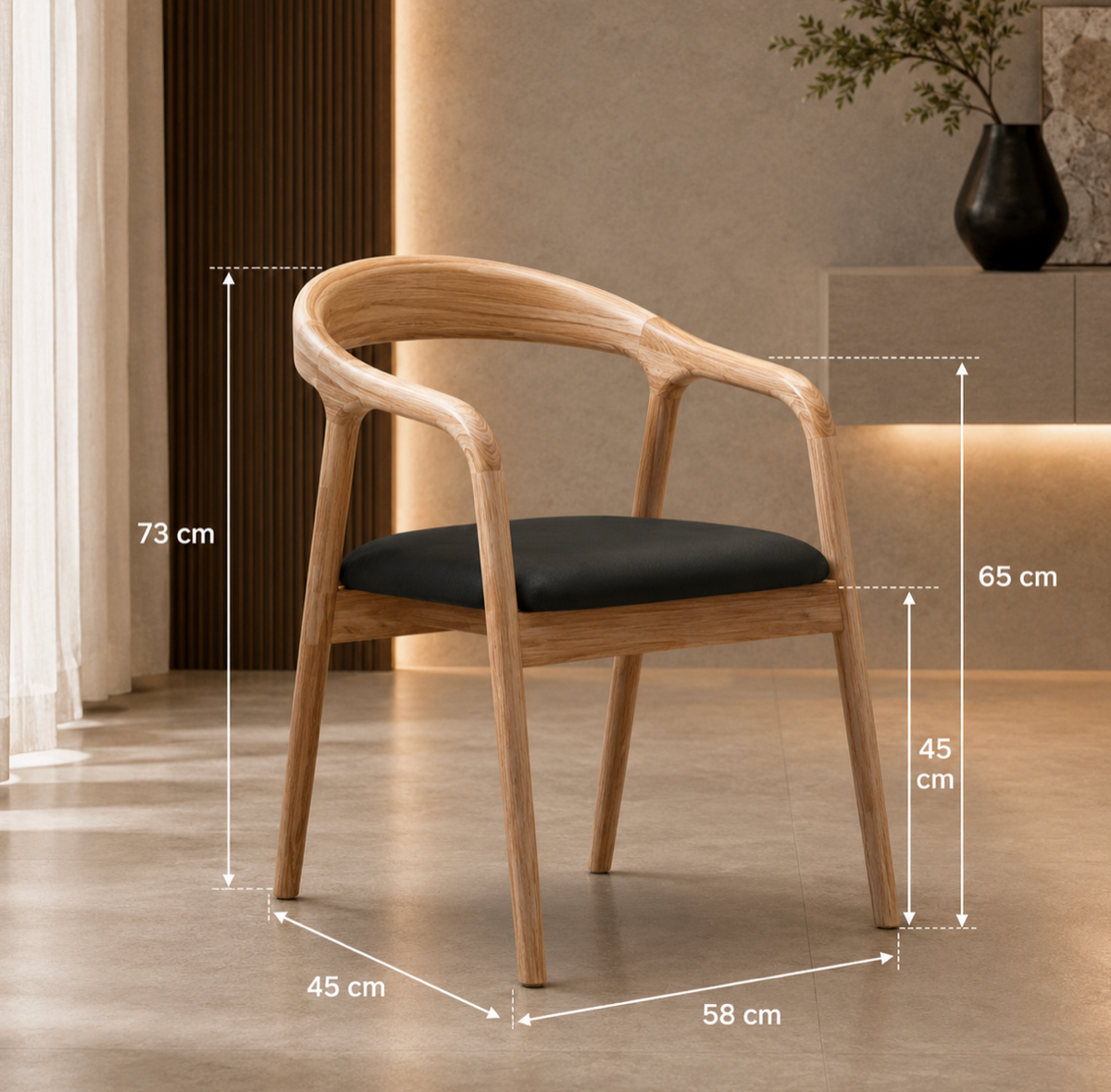 Chaise Design Iva – Bois Massif Clair, Assise Rembourrée en Cuir Anthracite