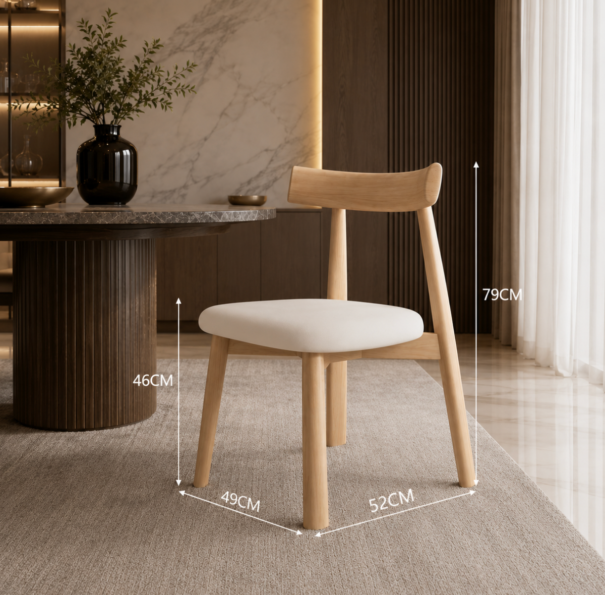Chaise Design Alix – Bois Massif Clair, Assise Rembourrée en cuir Blanc