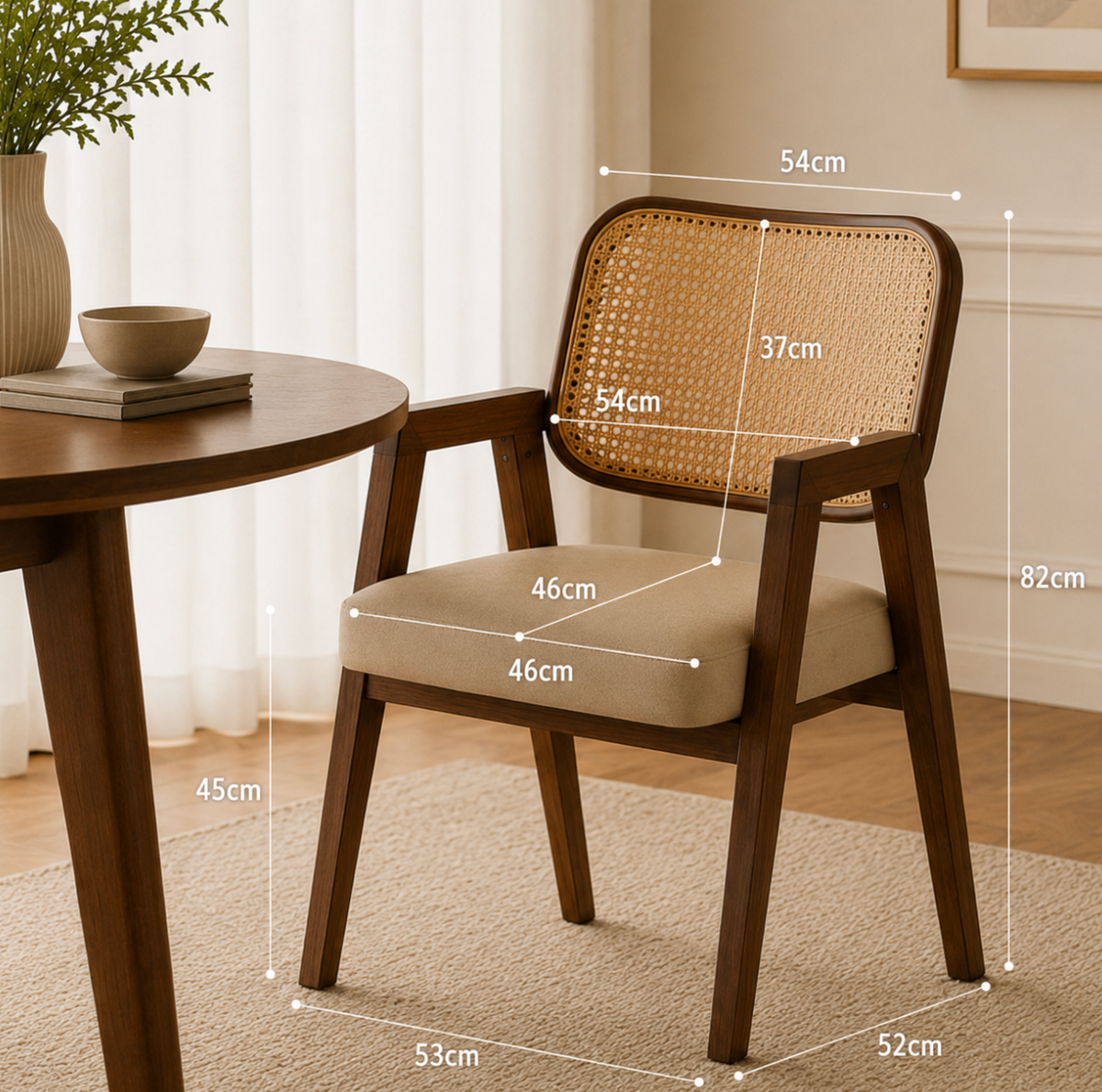 Chaise Cannée Victoire – Noyer Massif, Assise Rembourrée en cuir Crème