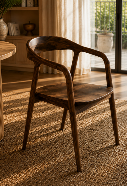 Chaise Design Alba – Noyer Massif, Dossier Enveloppant et Accoudoirs