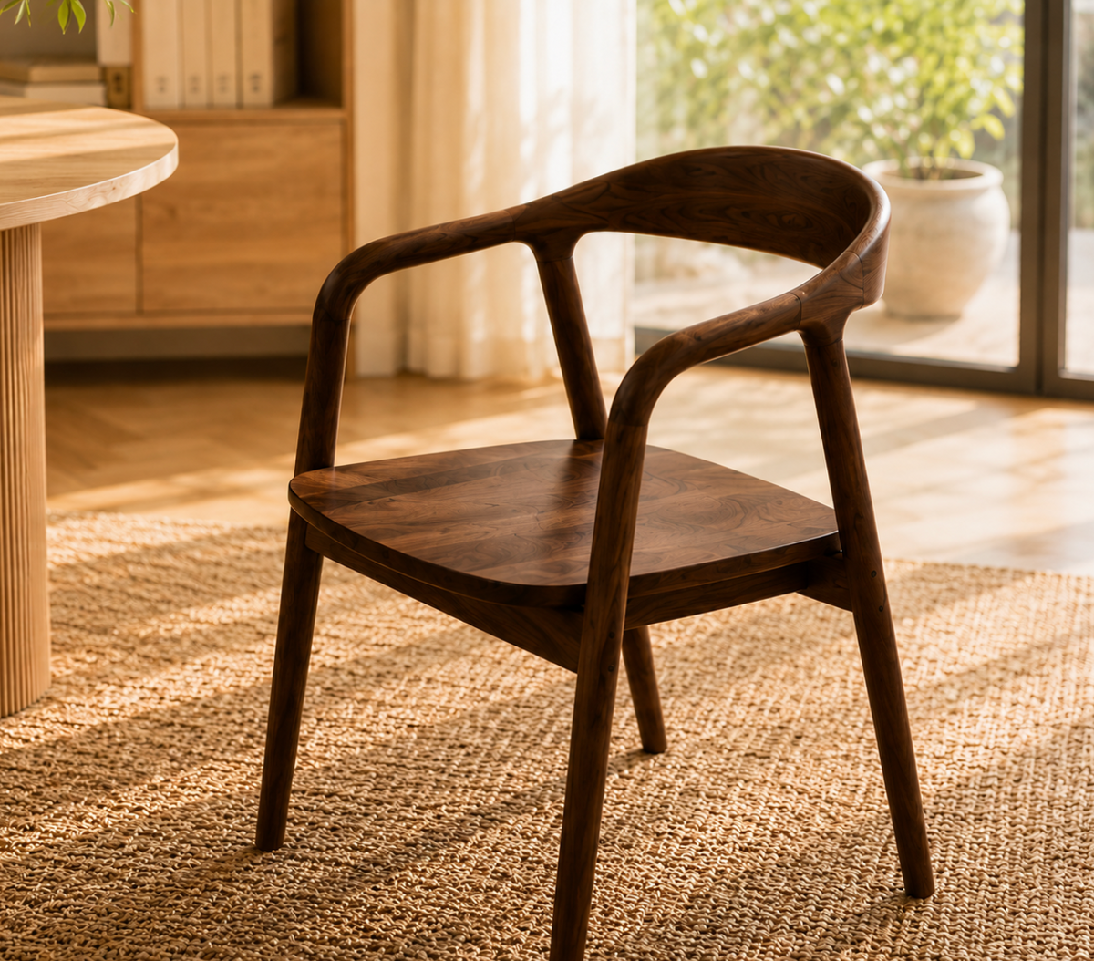 Chaise Design Alba – Noyer Massif, Dossier Enveloppant et Accoudoirs