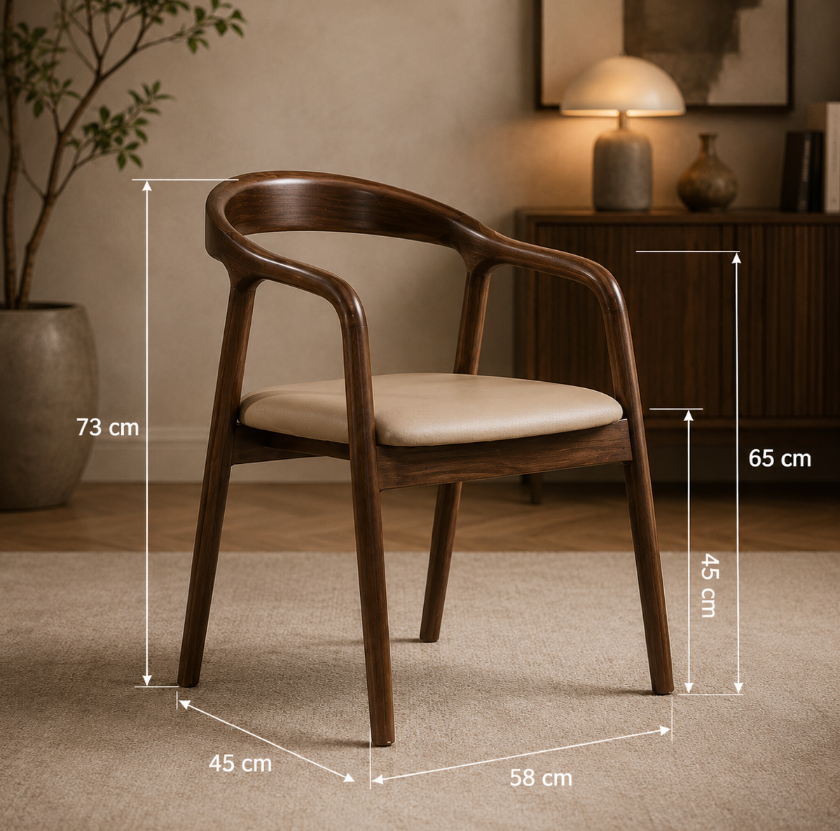 Chaise Design Ava – Noyer Massif, Assise Rembourrée en Cuir Crème