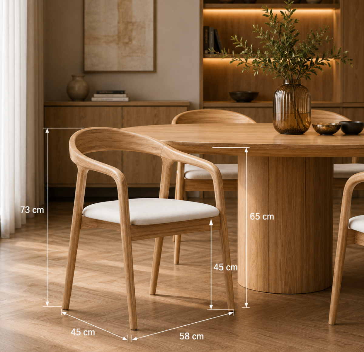 Chaise Design Ina – Bois Massif Clair, Assise Rembourrée en Cuir Blanc