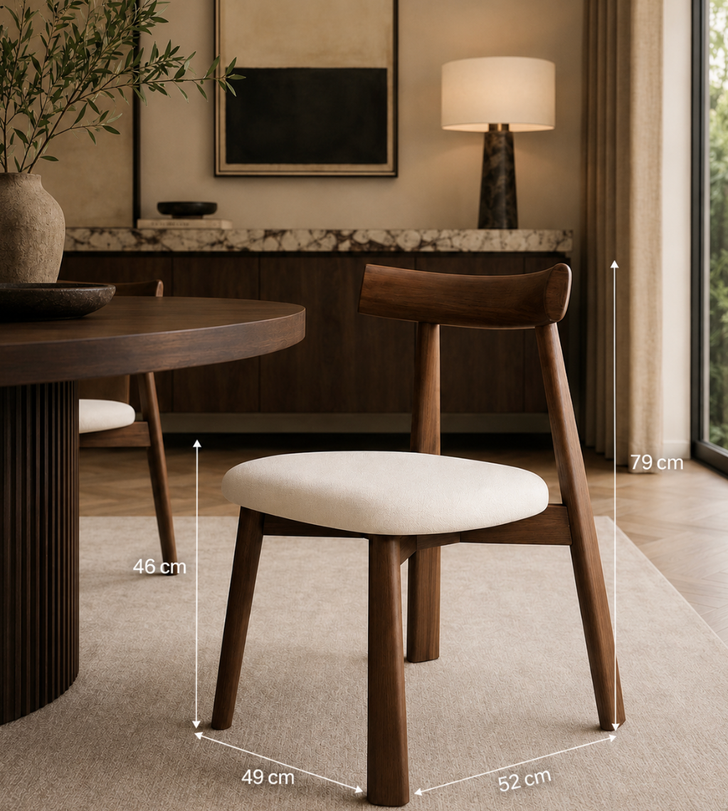 Chaise Design Iris – Noyer Massif, Assise Rembourrée en cuir Blanc