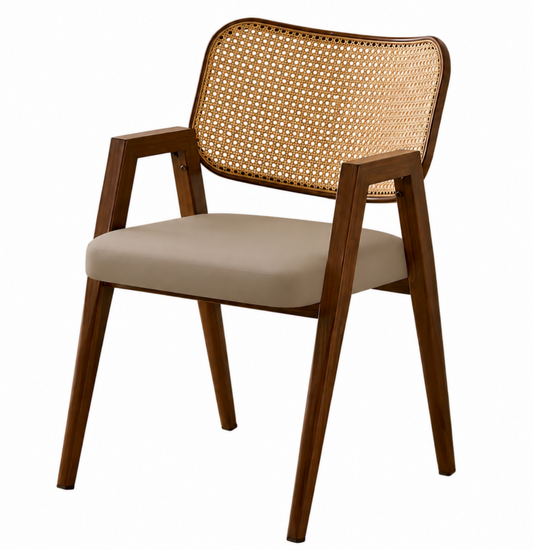 Chaise Cannée Victoire – Noyer Massif, Assise Rembourrée en cuir Crème