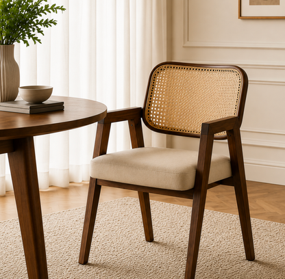 Chaise Cannée Victoire – Noyer Massif, Assise Rembourrée en cuir Crème
