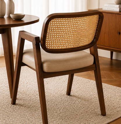 Chaise Cannée Victoire – Noyer Massif, Assise Rembourrée en cuir Crème