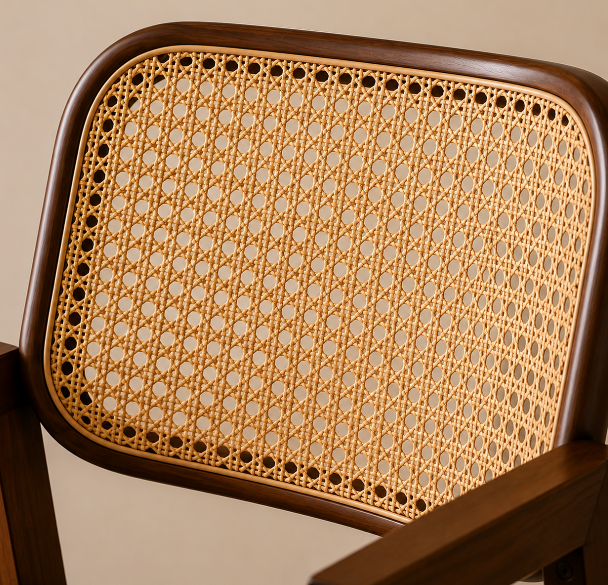 Chaise Cannée Victoire – Noyer Massif, Assise Rembourrée en cuir Crème