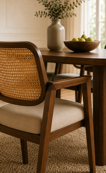 Chaise Cannée Victoire – Noyer Massif, Assise Rembourrée en cuir Crème