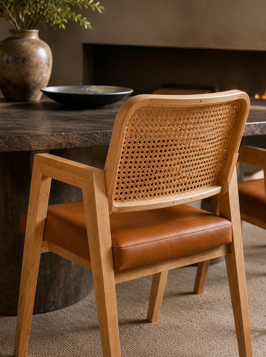 Chaise Cannée Gloire – Bois Massif Clair, Assise Rembourrée en cuir Cognac