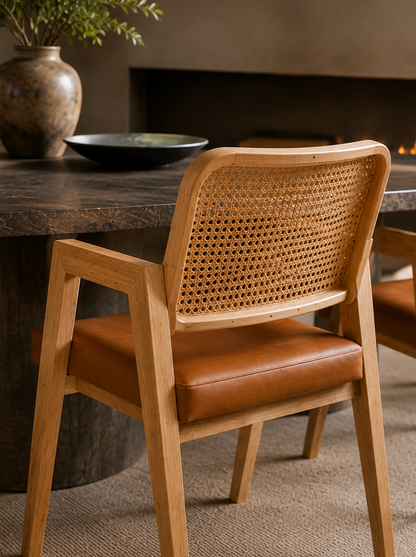 Chaise Cannée Gloire – Bois Massif Clair, Assise Rembourrée en cuir Cognac