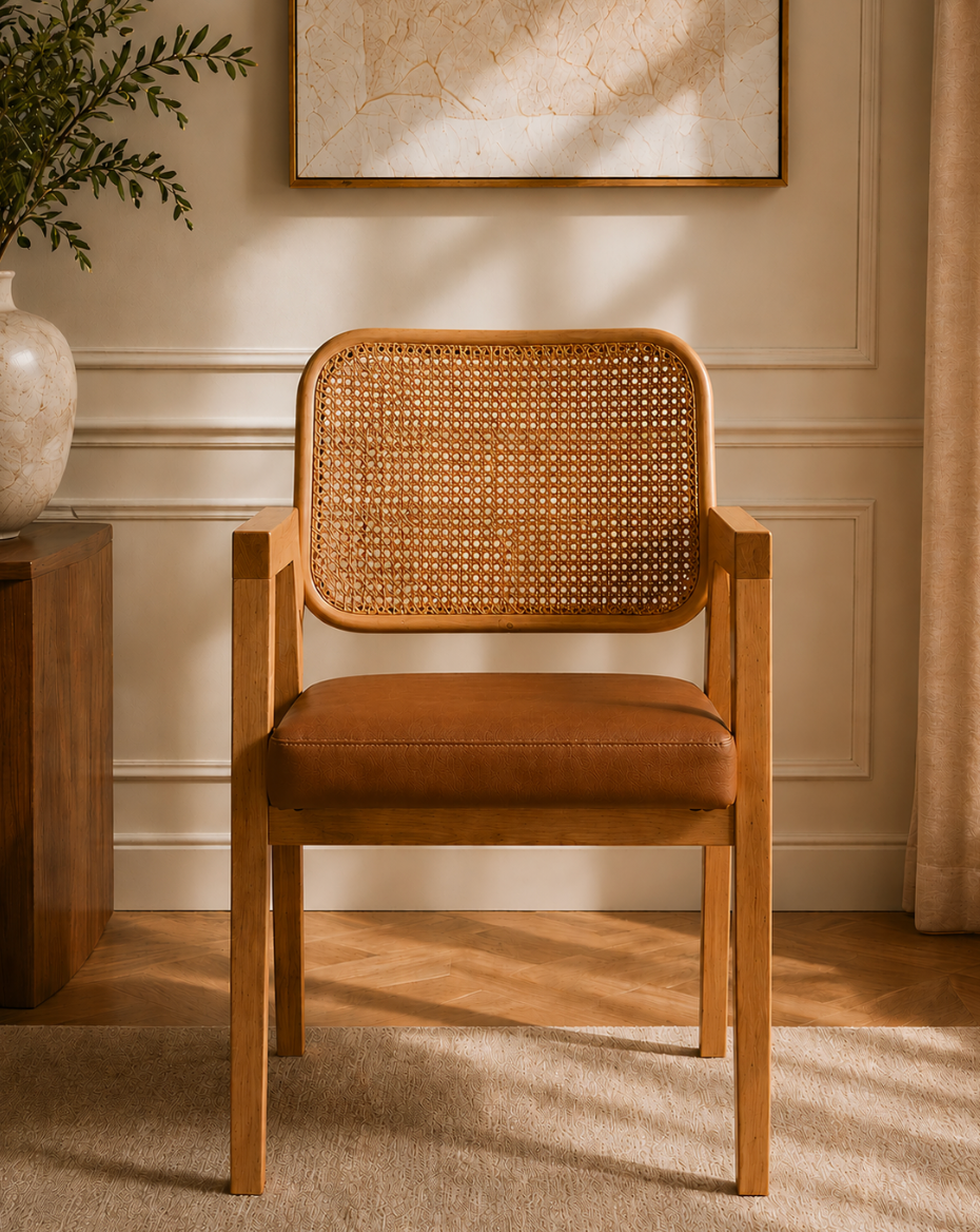Chaise Cannée Gloire – Bois Massif Clair, Assise Rembourrée en cuir Cognac