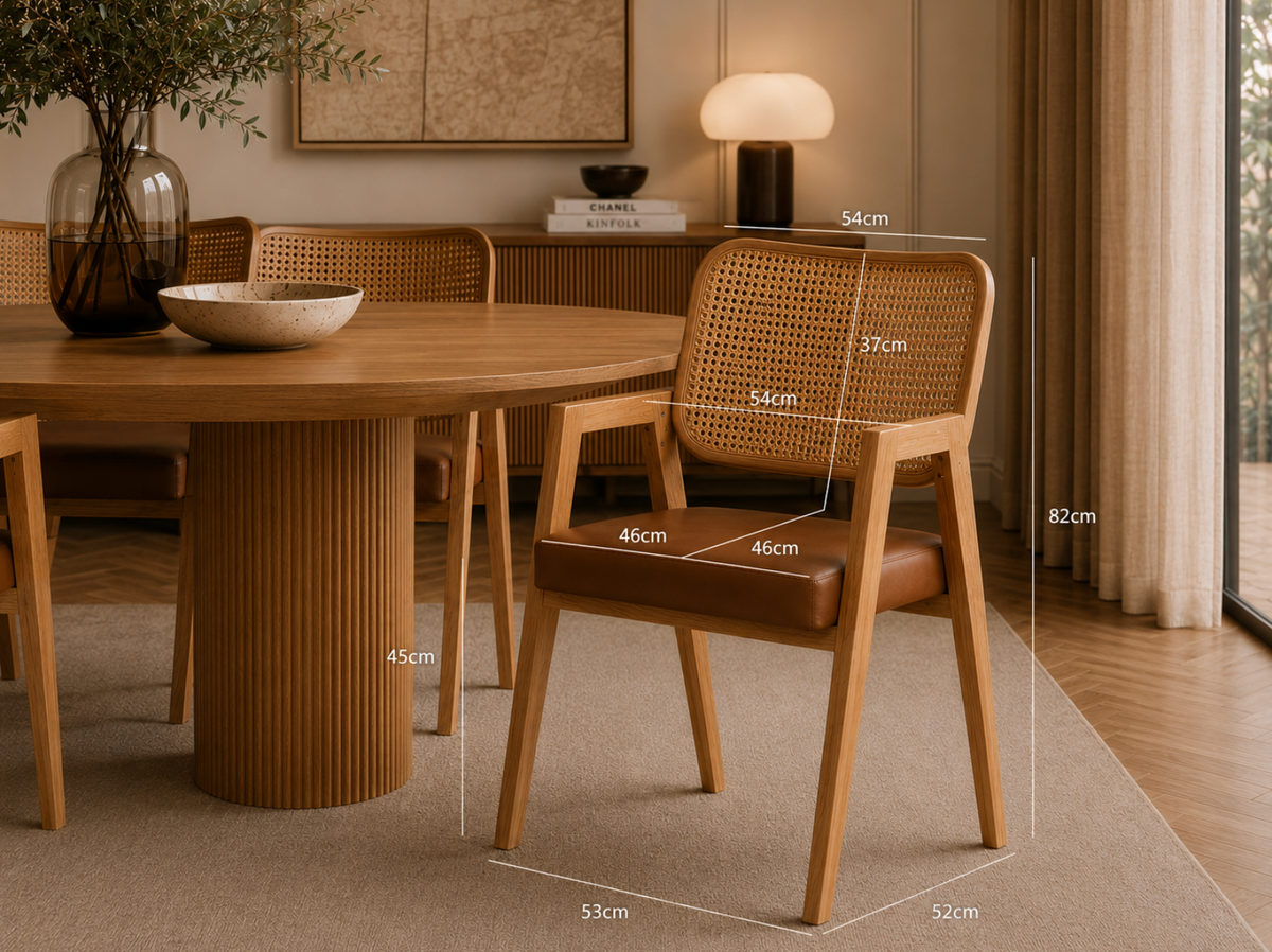 Chaise Cannée Gloire – Bois Massif Clair, Assise Rembourrée en cuir Cognac