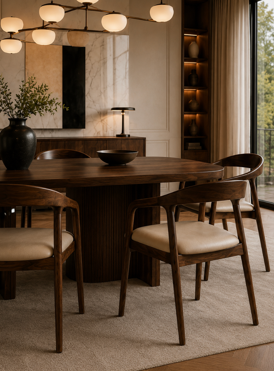 Chaise Design Ava – Noyer Massif, Assise Rembourrée en Cuir Crème