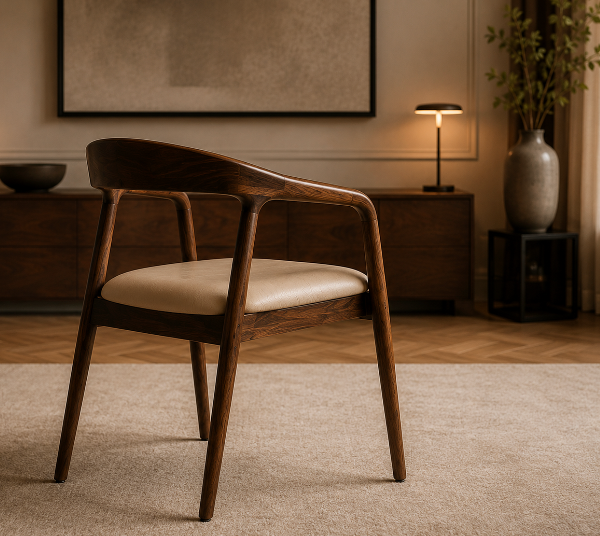 Chaise Design Ava – Noyer Massif, Assise Rembourrée en Cuir Crème