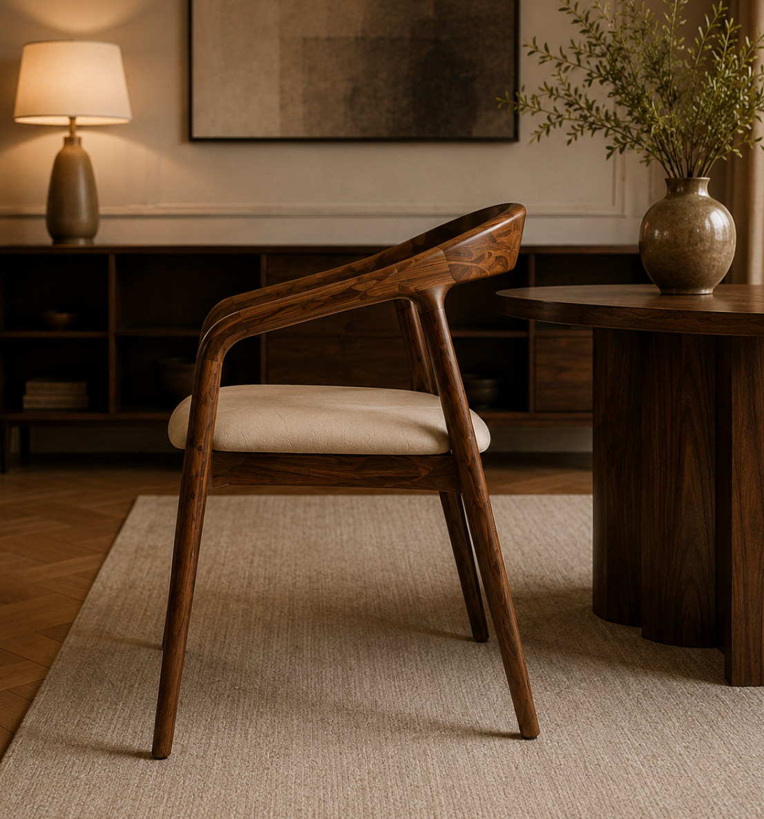 Chaise Design Ava – Noyer Massif, Assise Rembourrée en Cuir Crème