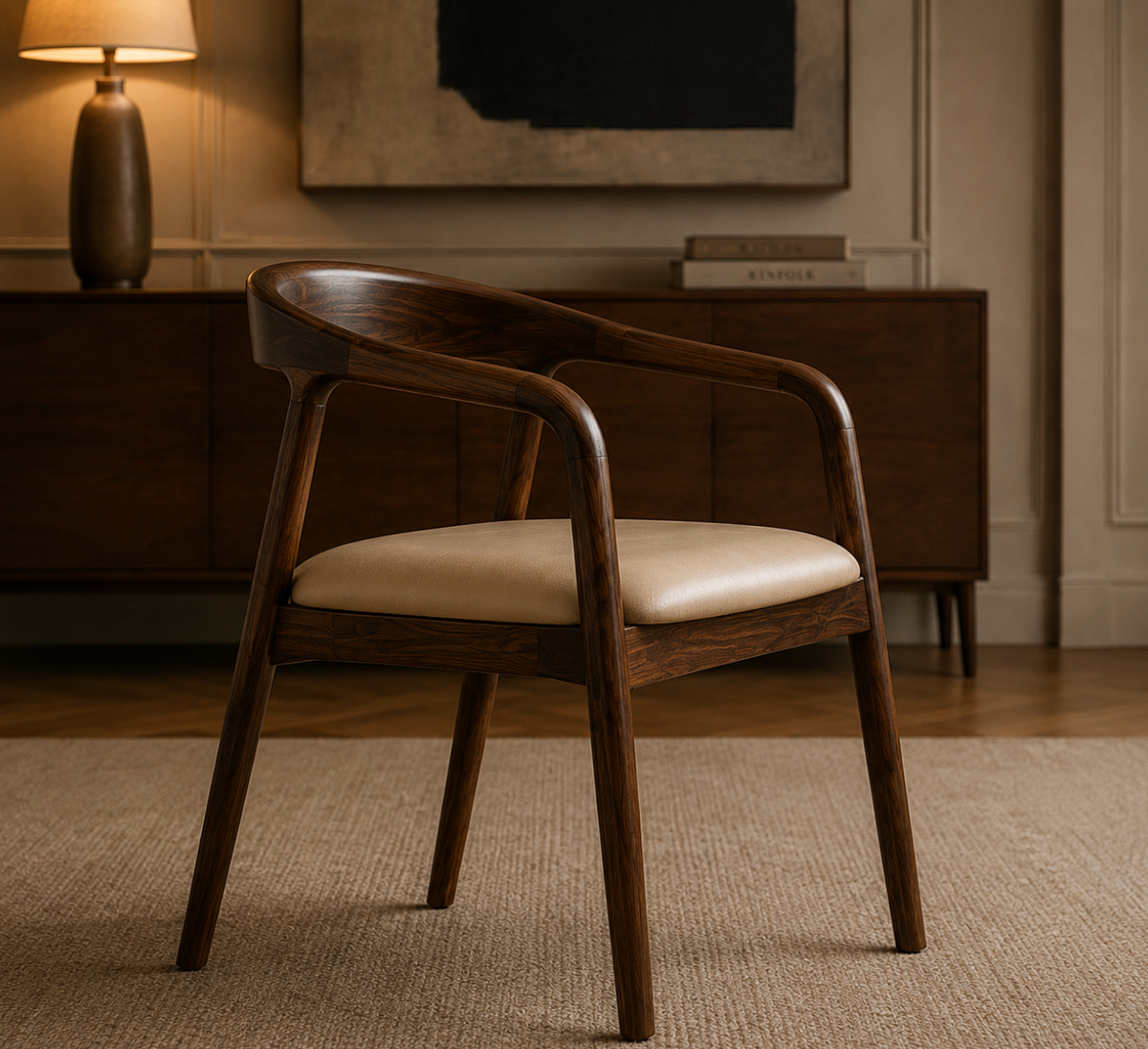 Chaise Design Ava – Noyer Massif, Assise Rembourrée en Cuir Crème