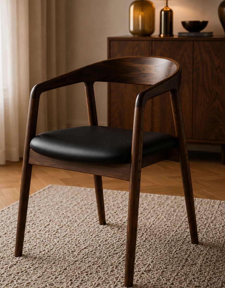 Chaise Design Aura – Noyer Massif, Assise Rembourrée en Cuir Anthracite