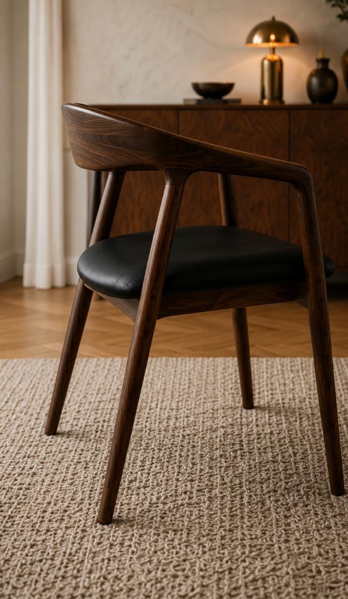 Chaise Design Aura – Noyer Massif, Assise Rembourrée en Cuir Anthracite