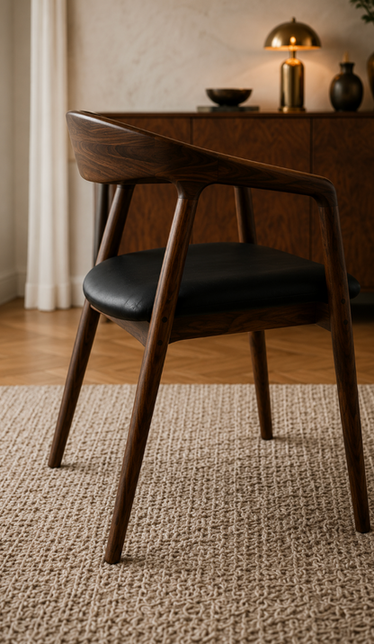 Chaise Design Aura – Noyer Massif, Assise Rembourrée en Cuir Anthracite