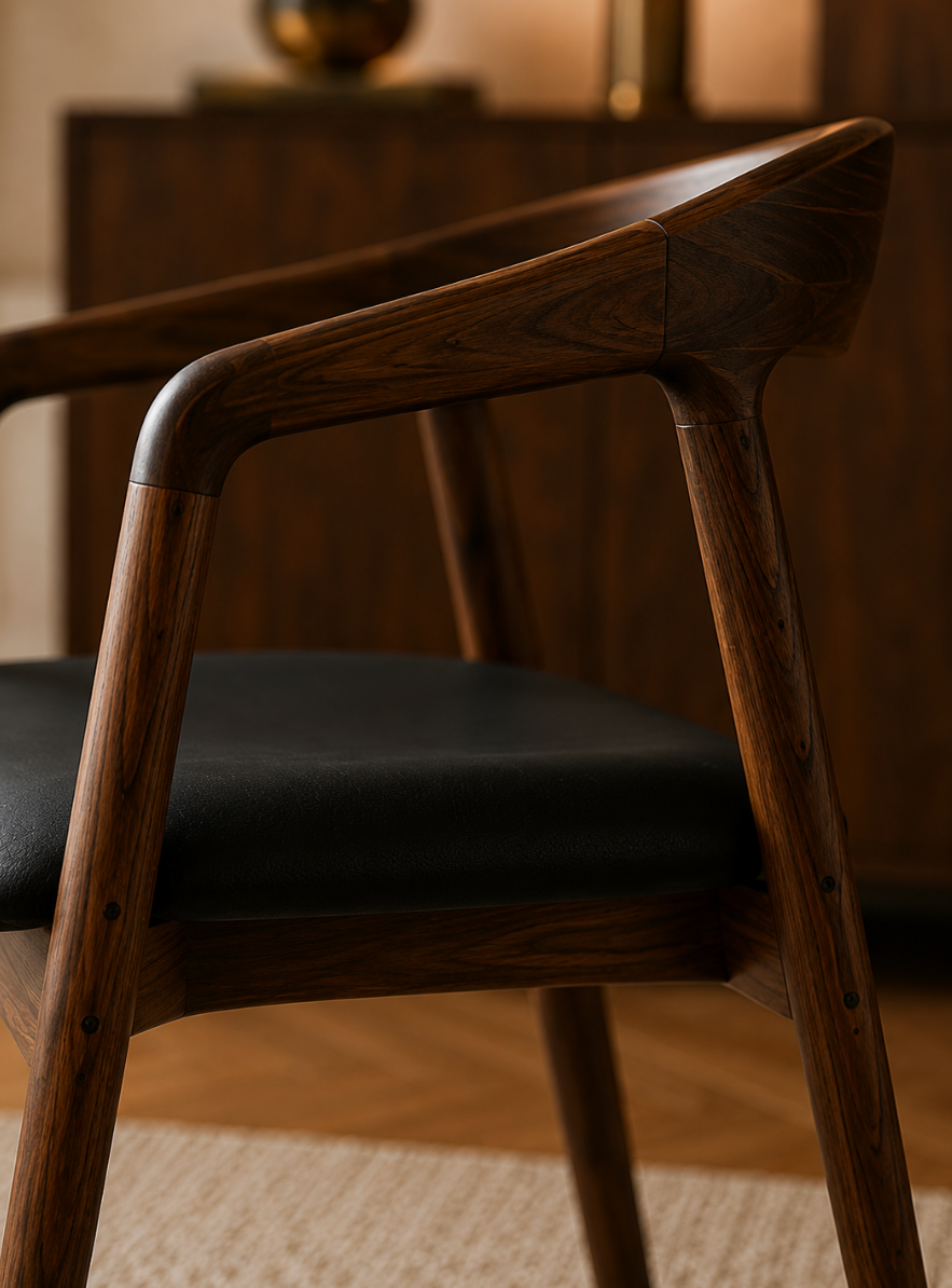 Chaise Design Aura – Noyer Massif, Assise Rembourrée en Cuir Anthracite