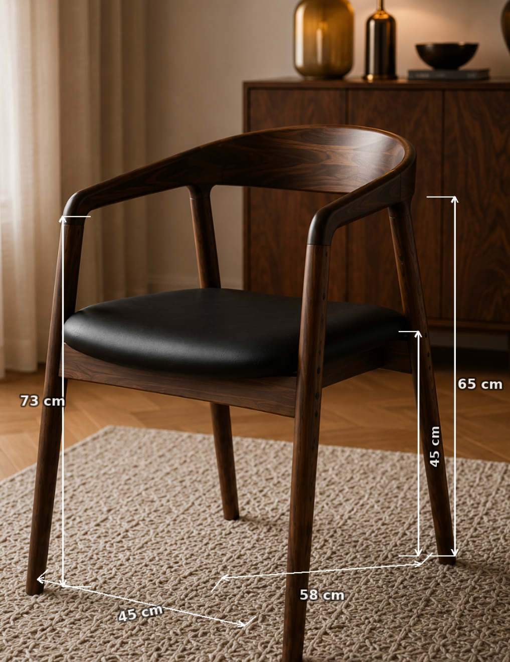 Chaise Design Aura – Noyer Massif, Assise Rembourrée en Cuir Anthracite