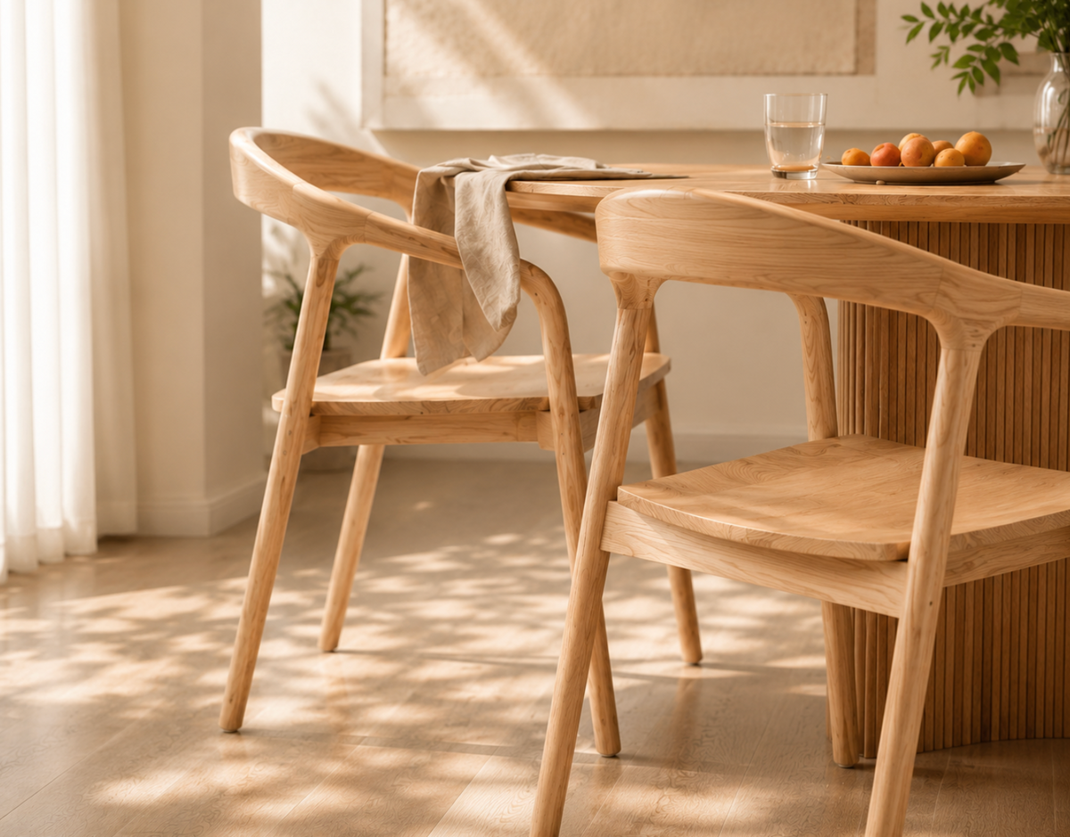 Chaise Design Isa – Bois Massif Clair, Dossier Enveloppant et Accoudoirs