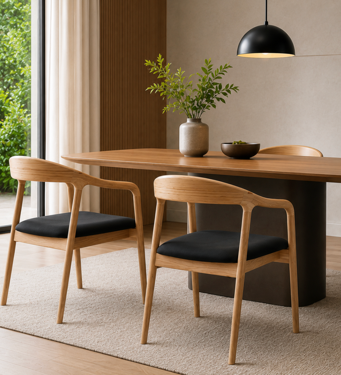 Chaise Design Iva – Bois Massif Clair, Assise Rembourrée en Cuir Anthracite
