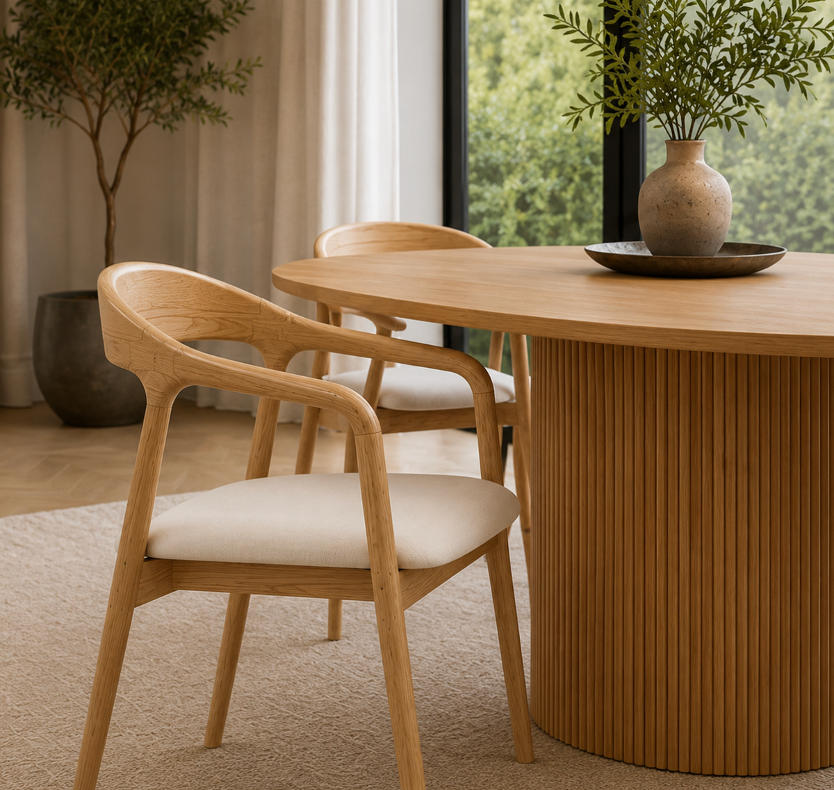 Chaise Design Ina – Bois Massif Clair, Assise Rembourrée en Cuir Blanc