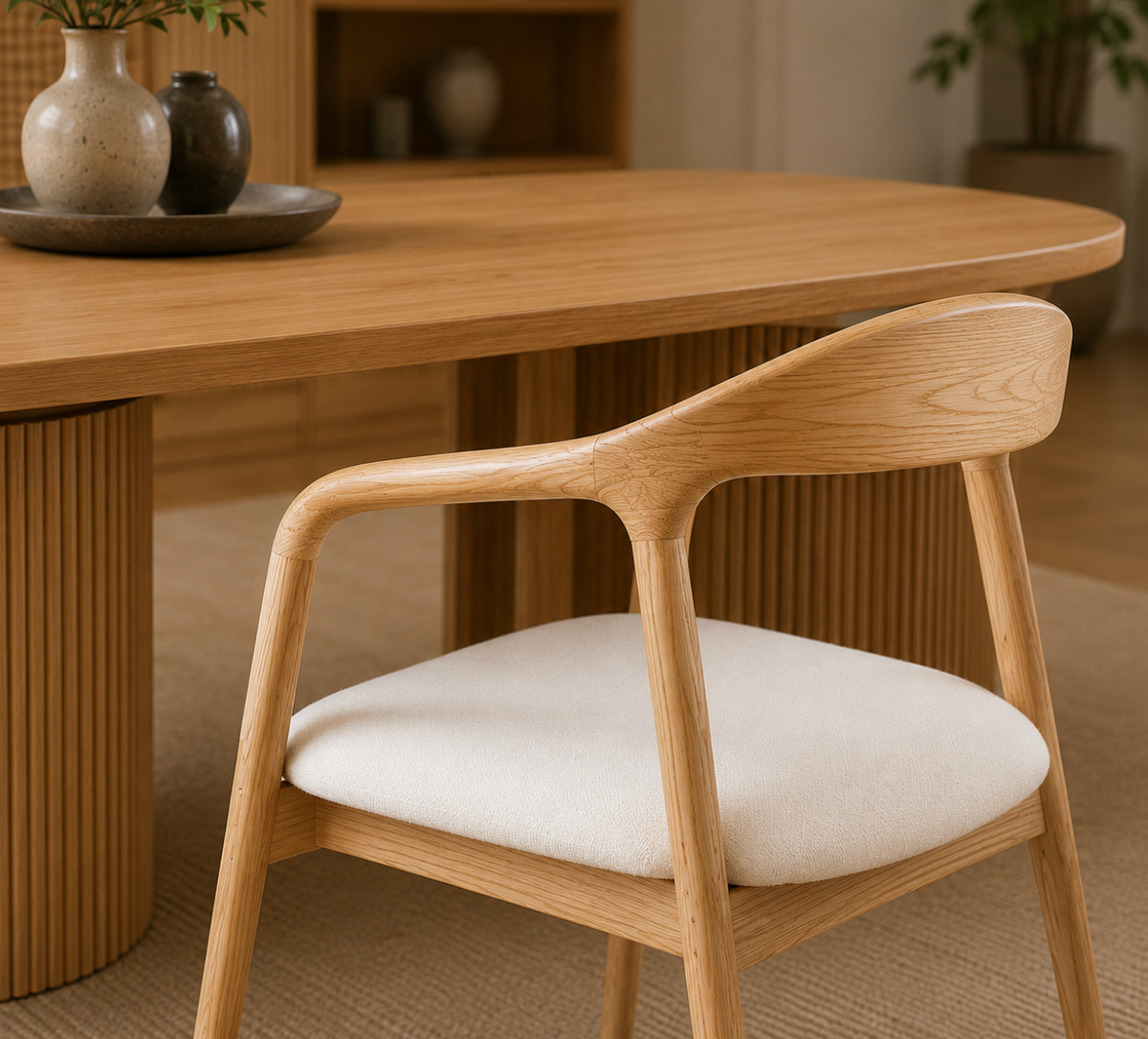 Chaise Design Ina – Bois Massif Clair, Assise Rembourrée en Cuir Blanc