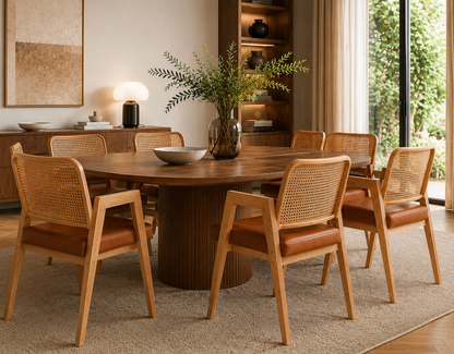 Chaise Cannée Gloire – Bois Massif Clair, Assise Rembourrée en cuir Cognac