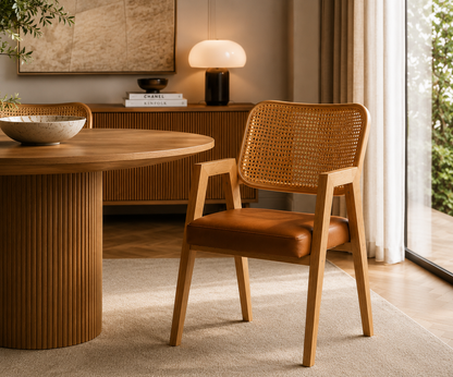 Chaise Cannée Gloire – Bois Massif Clair, Assise Rembourrée en cuir Cognac