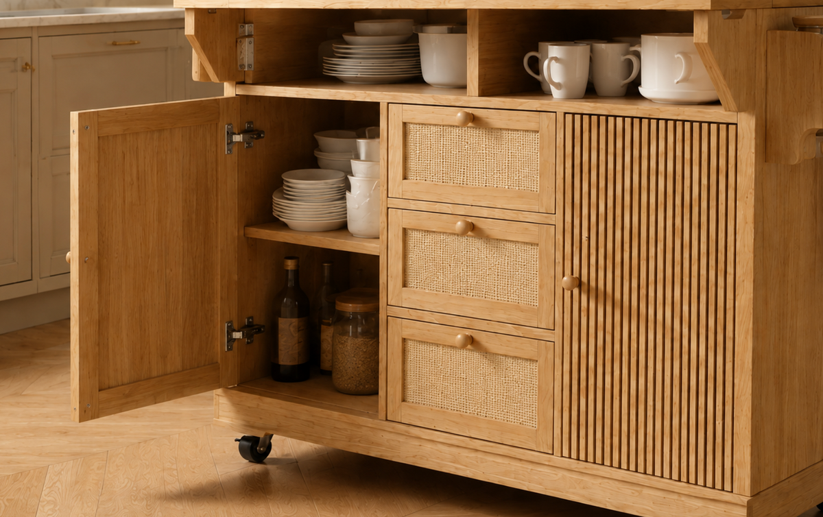Îlot central de cuisine Essence et Design Louis en bois chêne clair avec trois tiroirs en cannage et rangements ouverts