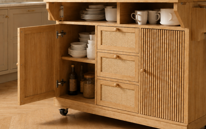 Îlot central de cuisine Essence et Design Louis en bois chêne clair avec trois tiroirs en cannage et rangements ouverts