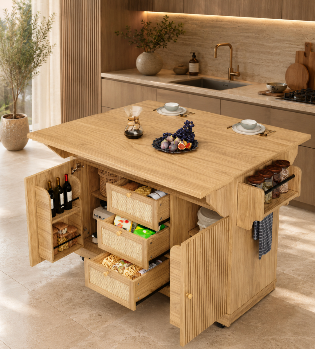 Îlot central de cuisine Essence et Design Louis en bois chêne clair avec tiroirs en cannage et rangements ouverts