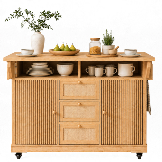 Îlot central de cuisine Essence et Design Louis en bois chêne clair avec tiroirs, étagères et détails effet cannage
