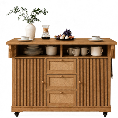 Îlot central de cuisine Essence et Design Léon en bois de chêne naturel avec tiroirs, étagères et détails cannage