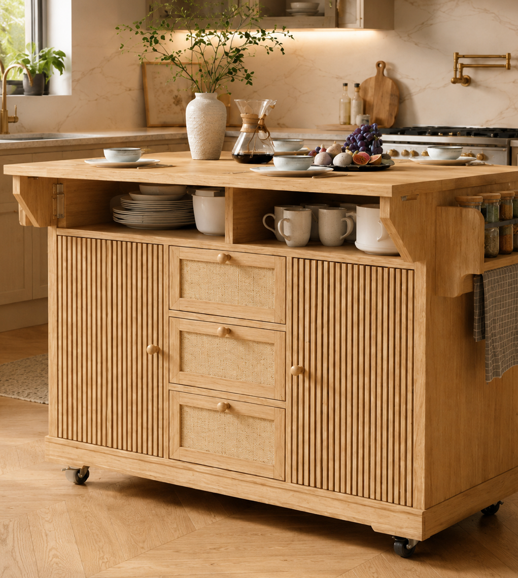 Îlot central de cuisine Essence et Design Louis en bois de chêne clair avec tiroirs, placards et détails en cannage