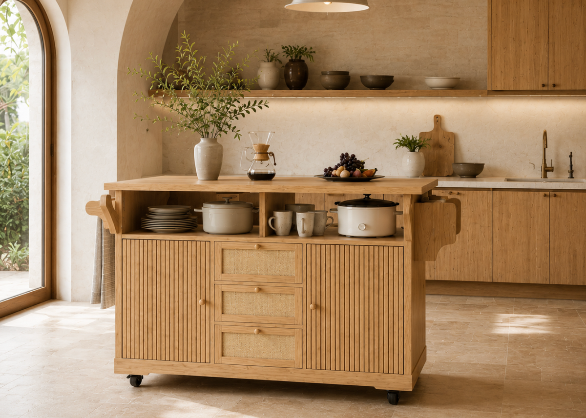 Îlot central de cuisine Essence et Design Louis en bois de chêne clair avec tiroirs, étagères et détails en cannage