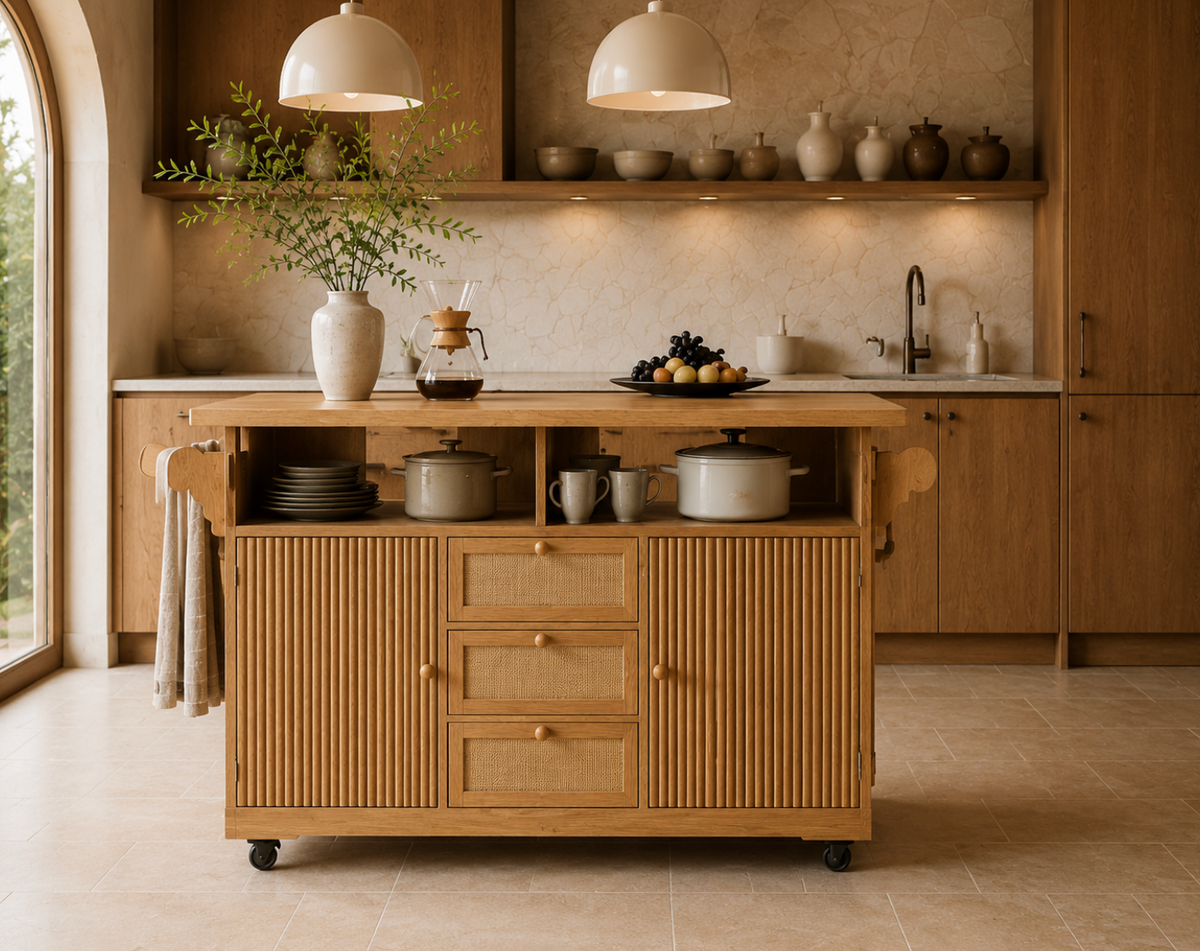 Îlot de cuisine Essence et Design Léon en bois de chêne naturel avec tiroirs, étagères et détails effet cannage