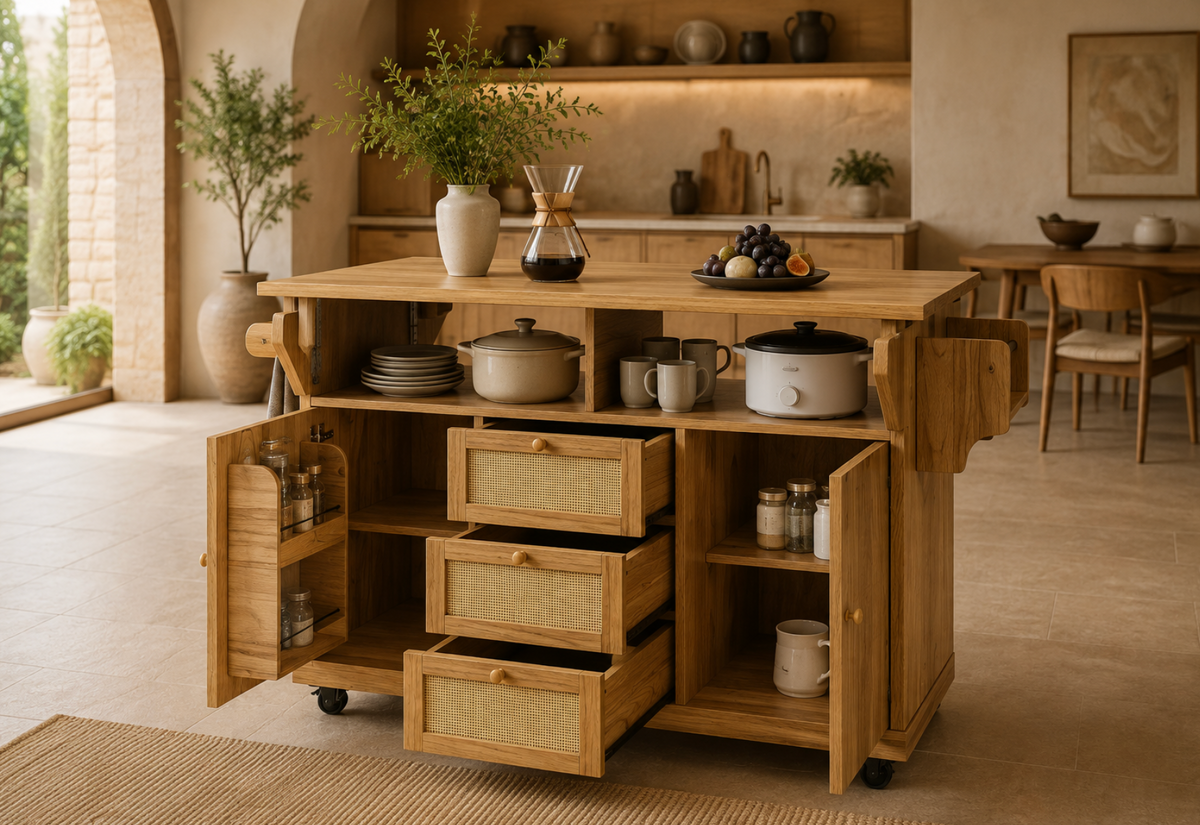 Îlot central de cuisine Essence et Design Léon en bois de chêne naturel avec tiroirs en cannage et étagères ouvertes
