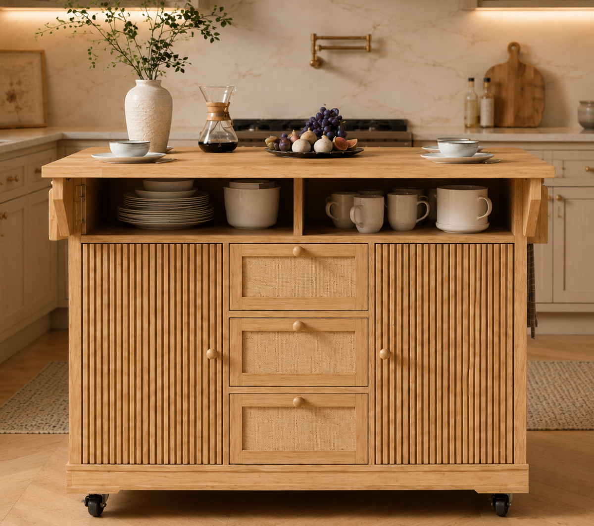 Îlot central de cuisine Essence et Design Louis en bois de chêne clair avec trois tiroirs, étagères et façades rainurées