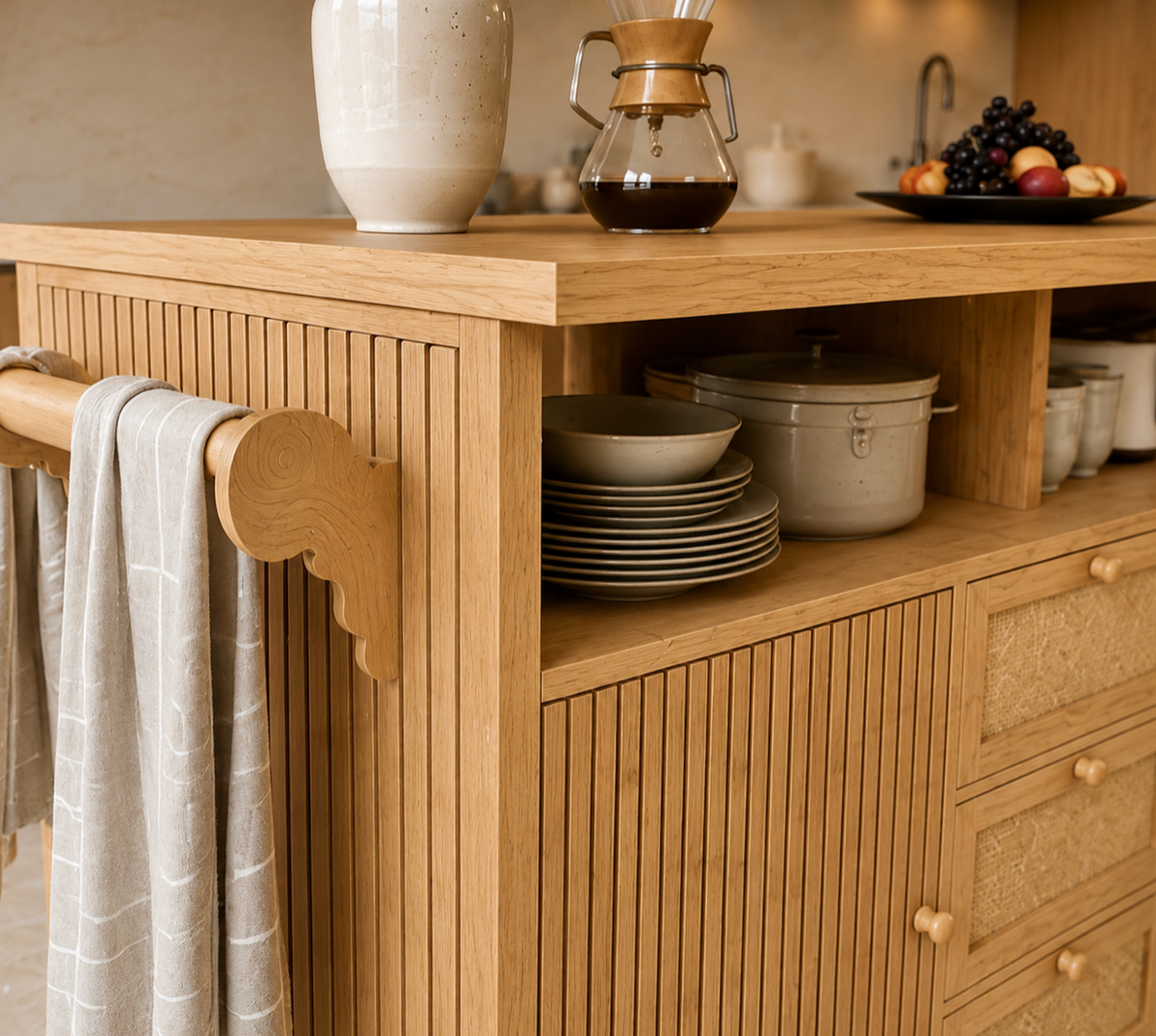 Îlot central de cuisine Essence et Design Louis en bois chêne clair avec tiroirs, étagères et porte-torchon latéral