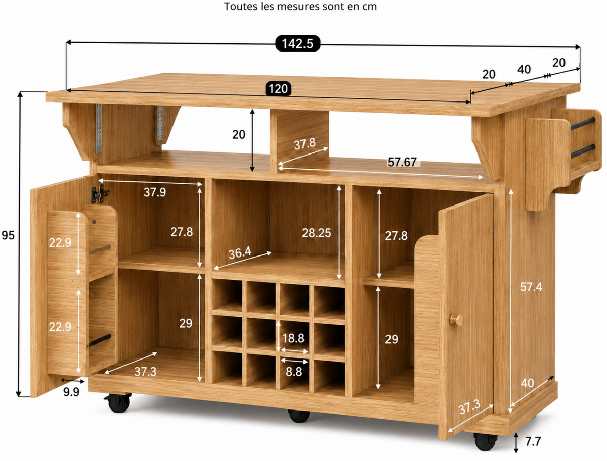 Îlot central de cuisine Essence et Design Louis en chêne clair avec tiroirs, étagères et casiers à bouteilles