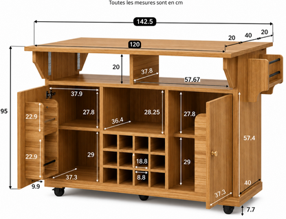 Îlot central de cuisine Essence et Design Léon en bois de chêne naturel avec étagères, casier à vin et dimensions