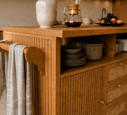 Îlot central de cuisine Essence et Design Léon en bois de chêne naturel avec tiroirs, étagère et porte-torchon latéral