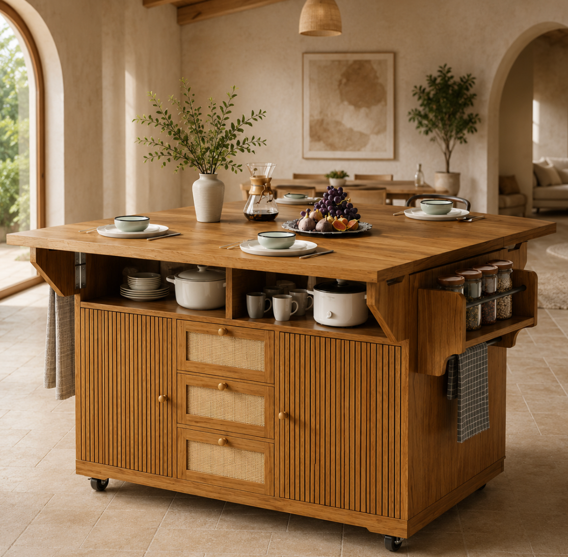 Îlot de cuisine Essence et Design Léon en bois de chêne naturel avec tiroirs, étagères et détails effet cannage