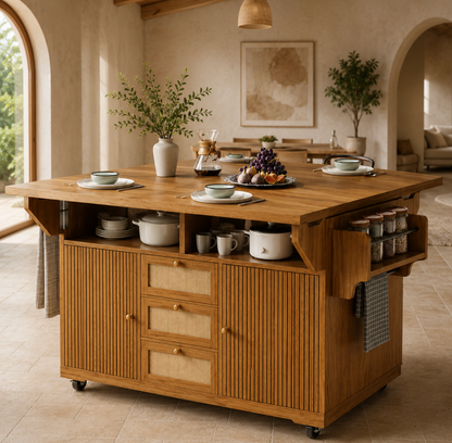 Îlot de cuisine Essence et Design Léon en bois de chêne naturel avec tiroirs, étagères et détails effet cannage