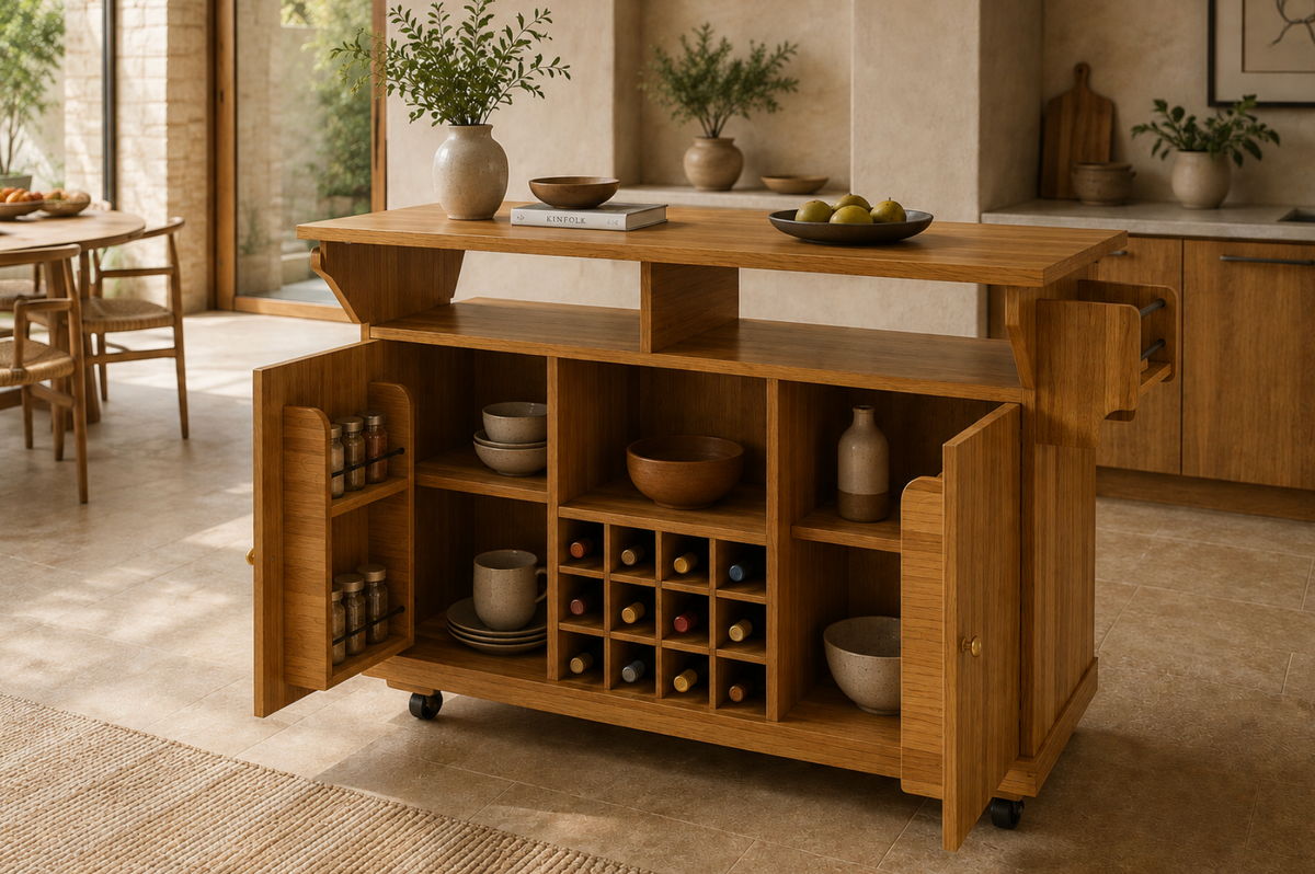 Îlot central de cuisine Essence et Design Léon en bois de chêne naturel avec étagères, casier à vin et tiroirs