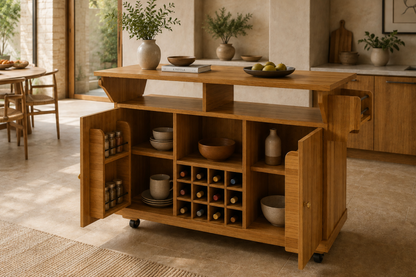 Îlot central de cuisine Essence et Design Léon en bois de chêne naturel avec étagères, casier à vin et tiroirs